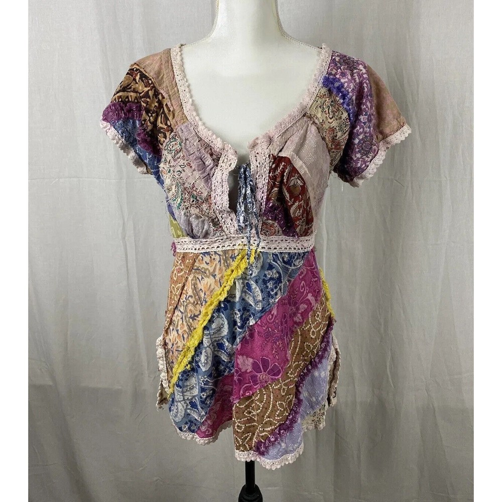 Karma Highway Bohemian Gypsy Pattern Festival Short Sleeve Tie Front Tunic Top